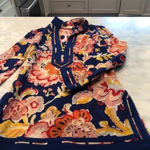 Tory Burch Flora Patterned Blue Trim Tunic LIKE NE